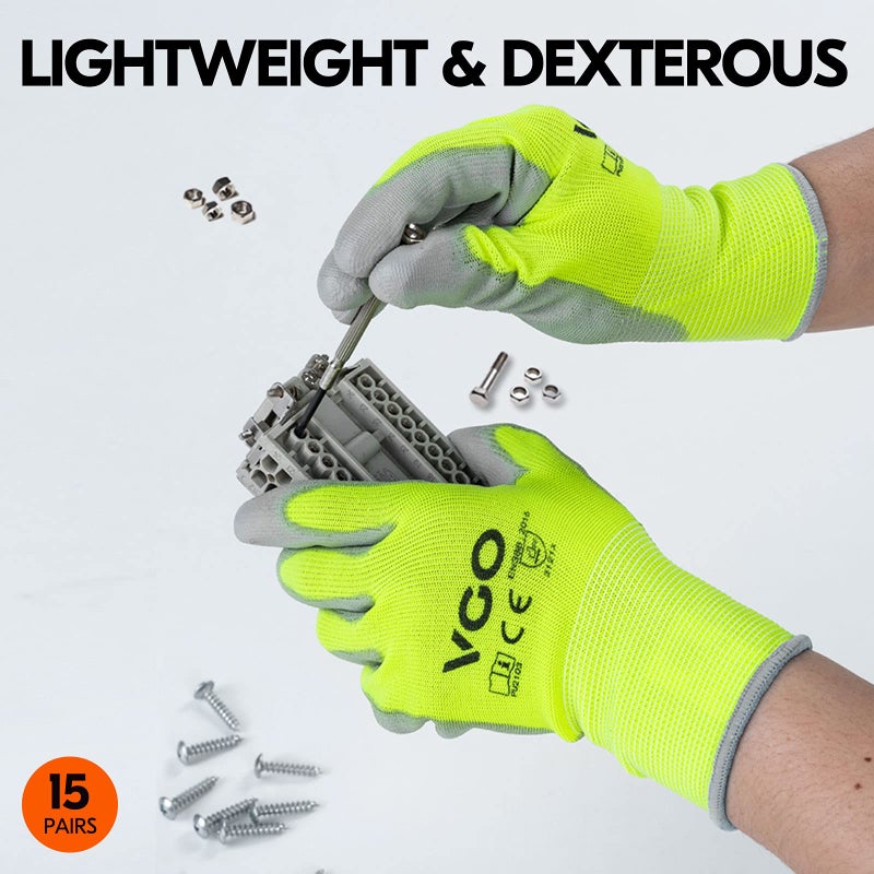 Vgo... 15-Pairs Safety Work Gloves, Gardening Gloves, Polyurethane Coated, Dipping Gloves, Latex Free (Size L, Yellow, PU2103) - Image 2